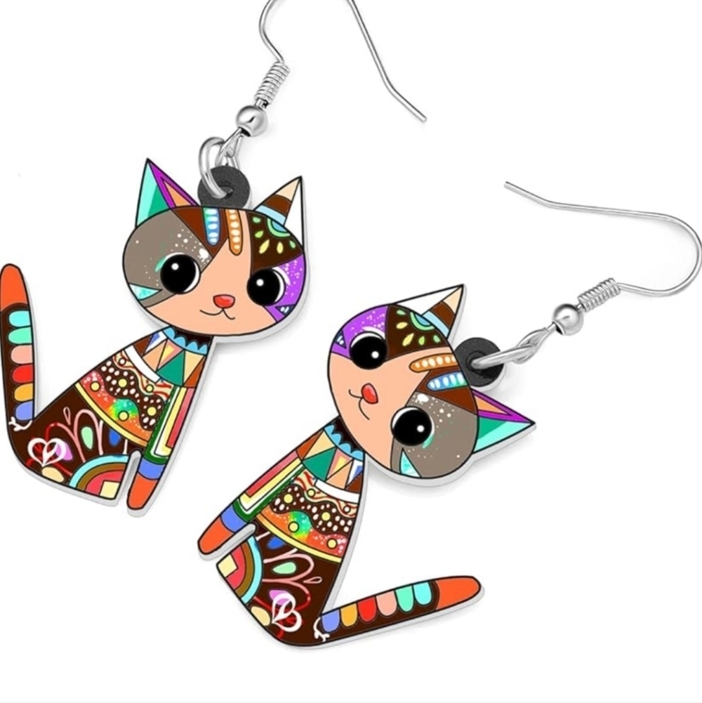 Women's jewelry unique multi-colored designed cat dangle earrings!